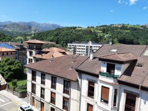 a group of buildings with mountains in the background at Ático La Plaza in Arriondas