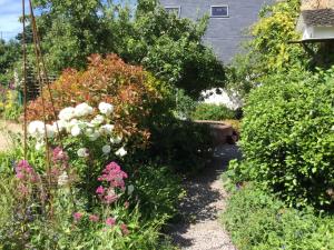 un jardín con flores y plantas frente a una casa en Steps Farmhouse B&B, en Minehead