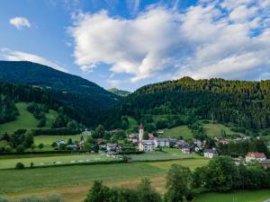 a small town in a valley with mountains at Naturoase Appartements Mirnock in Afritz