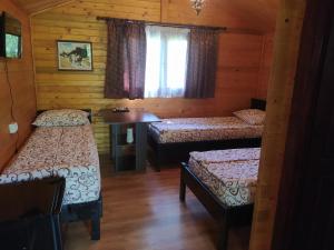 a room with two beds and a desk in a cabin at Hanul Arcașului in Voila