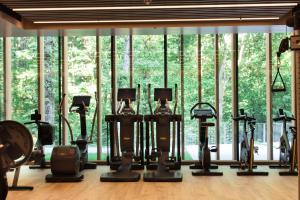 uma academia com fileiras de equipamentos de ginástica em frente a uma janela em Hotel Arima & Spa - Small Luxury Hotels em San Sebastián