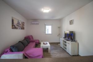 a living room with a purple couch and a tv at Studio Apartment Urke in Budva