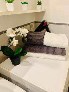 Un estante con toallas y un jarrón con flores. en Cozy Apartment Center, en Bérgamo