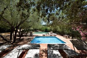 una piscina in un cortile con sedie e alberi di Hotel S'Abba e Sa Murta a Tortolì