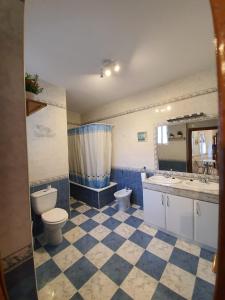 ein blau-weißes Bad mit 2 WCs und Waschbecken in der Unterkunft Apartamento Ollerías in Málaga