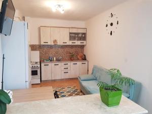 uma sala de estar com um sofá azul e uma cozinha em Aris Apartment em Hunedoara