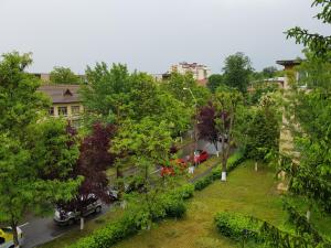 an overhead view of a city street with cars and trees at Aris Apartment in Hunedoara