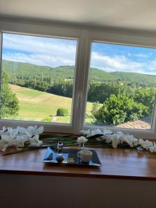 una mesa con dos platos y dos ventanas en 04A2 - Paradise Love In Provence - le loft étoilé - spa privatif, en Reillanne
