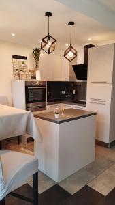 a kitchen with a white island with a counter top at Apartment Dino in Selce +14 photos