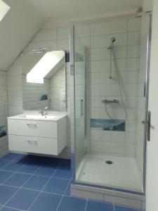 a bathroom with a shower and a sink at LES REINETTES - Les Vergers de Guerlédan in Mûr-de-Bretagne