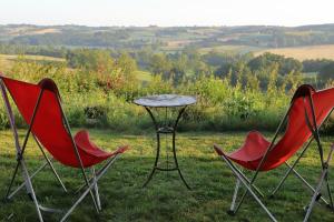 dwa krzesła i stół w trawie w obiekcie La Maison de Louis w mieście Francon
