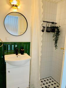 y baño con lavabo, espejo y ducha. en Boutique Villa MAMELFA en Tiheda