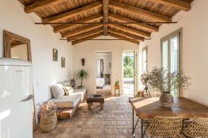 尼萨基奥Rizes Sea View的开放式客厅设有木制天花板