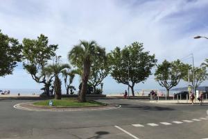 a street with palm trees and the ocean in the background at Des vacances de rêve in Fréjus