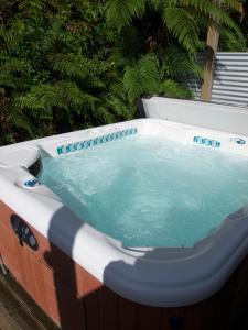 a jacuzzi tub sitting in a garden at Ivorytowers Accommodation in Fox Glacier