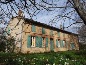 una casa antigua con persianas verdes y flores en La Closerie de l'Autan, en Fenouillet