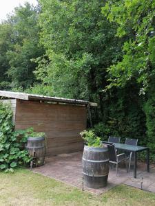 a patio with a table and chairs and a shed at Puur genieten chalet met patio, bos en bosbad in Havelte
