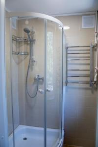 a shower with a glass door in a bathroom at Дом на берегу Новоладожского канала in Berezhnyye Lopatitsy
