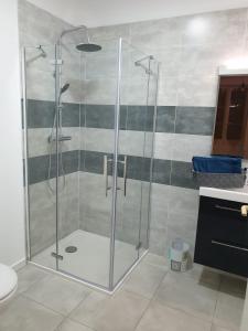 W łazience znajduje się prysznic ze szklanymi drzwiami. w obiekcie Appartement Dali centre historique Perpignan w Perpignanie