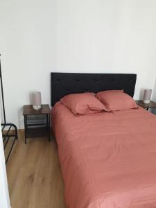 sypialnia z łóżkiem z różową pościelą i dwoma stołami w obiekcie Appartement Dali centre historique Perpignan w Perpignanie