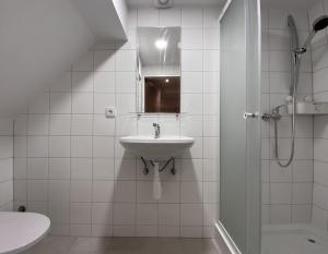 y baño blanco con lavabo y ducha. en Ubytování u Tranů, en Vrchlabí
