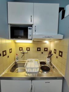 a small kitchen with a sink and a microwave at Belvarosi Exkluzív Minigarzon in Debrecen