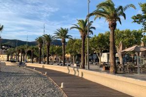 a wooden boardwalk with palm trees on a street at Attique à Banyuls - vue mer et montagne in Banyuls-sur-Mer