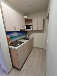 a small kitchen with a sink and a microwave at Rodante Apartments in Druskininkai