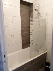 uma casa de banho com um chuveiro com uma cabeça de chuveiro em vidro. em Appartement proche mer et plage em Douarnenez