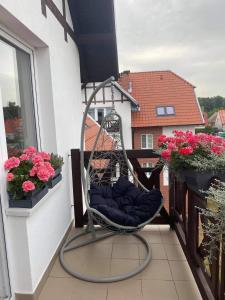 a rocking chair on a balcony with flowers at GOJA in Sztutowo