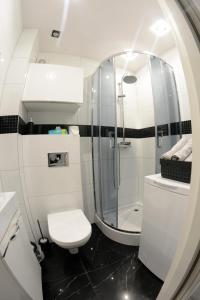 a bathroom with a toilet and a shower with a mirror at Osiedle Centrum Miasta in Suwałki
