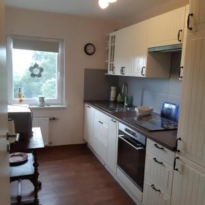 a kitchen with white cabinets and a black stove top oven at Am Hohestein in Briedeler Heck