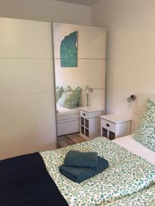 een kamer met 2 bedden en een spiegel bij Schwarzwaldglück in Schluchsee