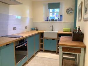 una cucina con armadi blu e lavandino di Garden apartment a Weston-super-Mare