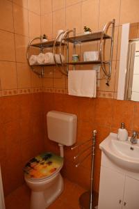 łazienka z toaletą i umywalką w obiekcie Pálma Apartman w mieście Gyula