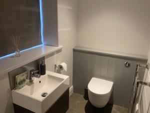 a bathroom with a white toilet and a sink at The Stable in Harrogate