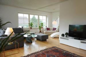 uma sala de estar com um sofá e uma televisão em Grüne Wohlfühloase mit einmaliger Aussicht em Königswinter