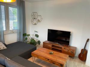 a living room with a couch and a flat screen tv at Sauerland Apartment Deluxe in Olpe
