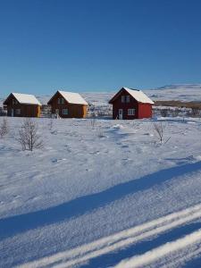 un campo cubierto de nieve con casas a lo lejos en Greystone summerhouse, en Egilsstadir