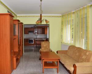 レンティにあるPilikán Apartments Lentiのリビングルーム(ソファ、テーブル付)