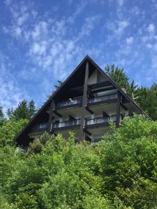 ein Gebäude mit einem Dach über einigen Bäumen in der Unterkunft Overpoint Panorama in Sasbachwalden