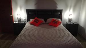 1 dormitorio con 1 cama con almohadas rojas y 2 lámparas en TIK'A WASI SUP, en San Pedro de Atacama