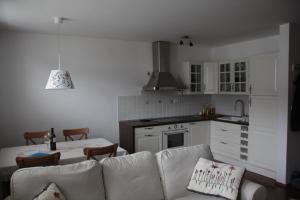 a living room with a couch and a kitchen at Apartment MT Čezsoča in Bovec