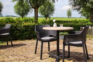 een tafel en stoelen op een bakstenen patio bij B&B Schotererf in Kuinre