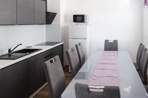 uma cozinha com uma mesa com cadeiras e um lavatório em ININ APARTMENTS em Bled