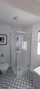 a bathroom with a shower and a toilet and a sink at Home Sweet Home in Ballycastle