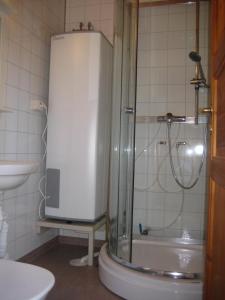 a bathroom with a shower and a toilet and a sink at Jotunheimen Feriesenter in Heidal