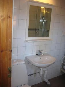 bagno con lavandino, servizi igienici e specchio di Jotunheimen Feriesenter a Heidal