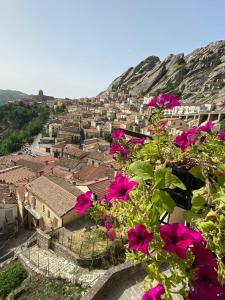a view of a city with pink flowers at La Pietra Gialla in Pietrapertosa