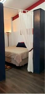 ein Schlafzimmer mit einem Bett mit einem weißen Vorhang in der Unterkunft Cute Shouse Unit 2 in Ozark